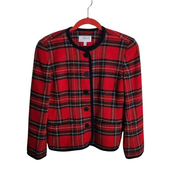 Talbots Vintage Red Classic Plaid Collarless Wool Jacket Size 4p - Picture 1 of 7